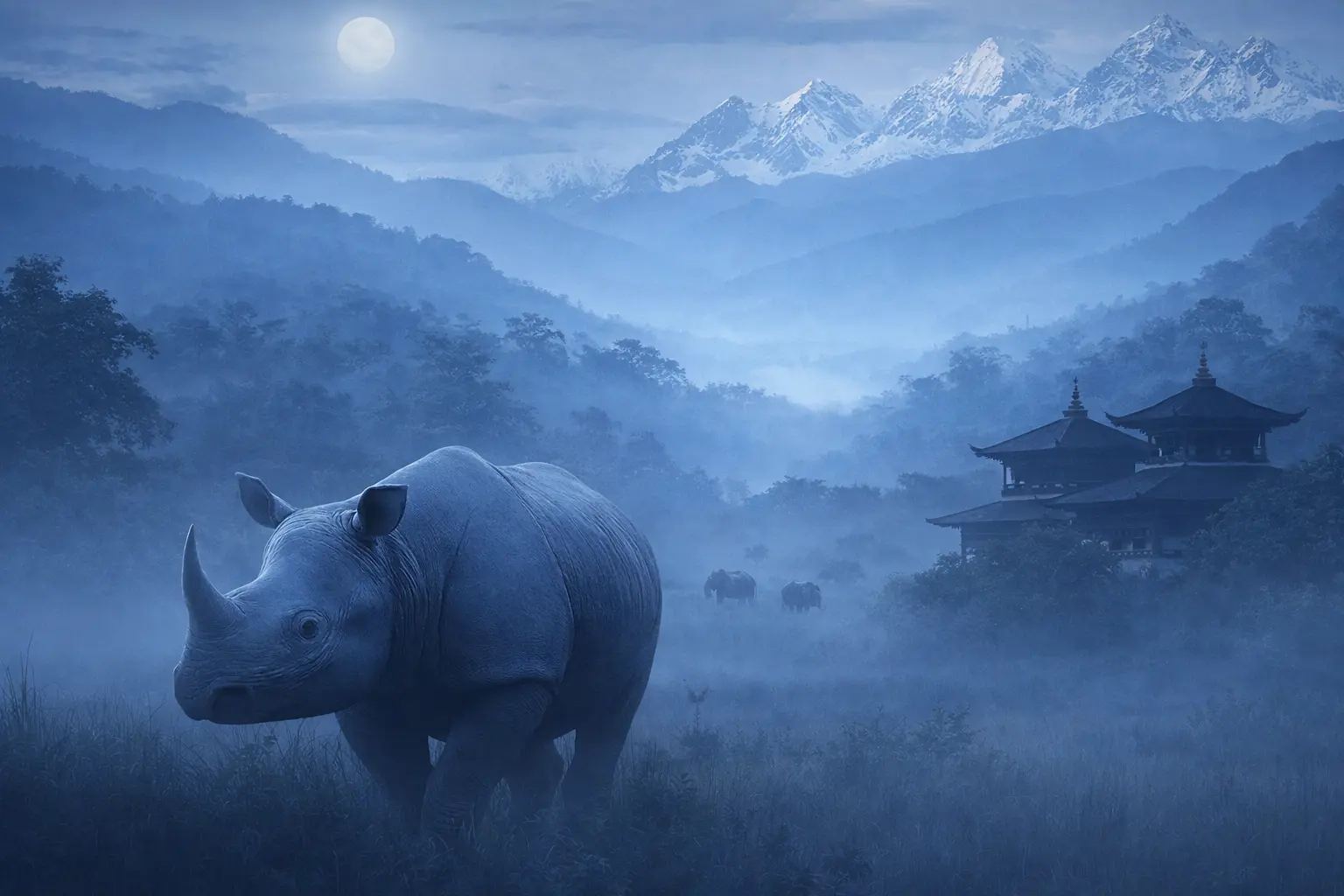 One-horned rhino in Kaziranga paired with the high mountains of Arunachal Pradesh