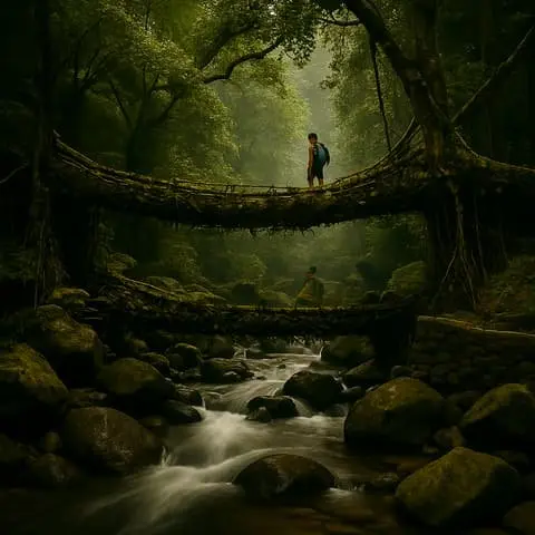 Living root bridge in a Meghalaya rainforest on the Classic circuit tour