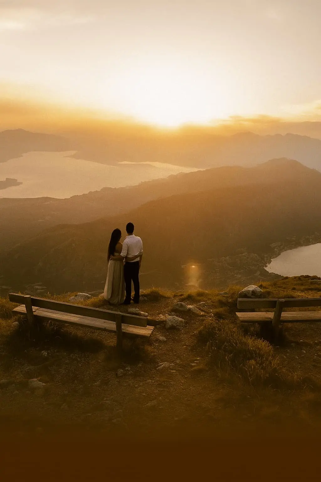 Couple watching sunset over misty Meghalaya hills on the honeymoon retreat